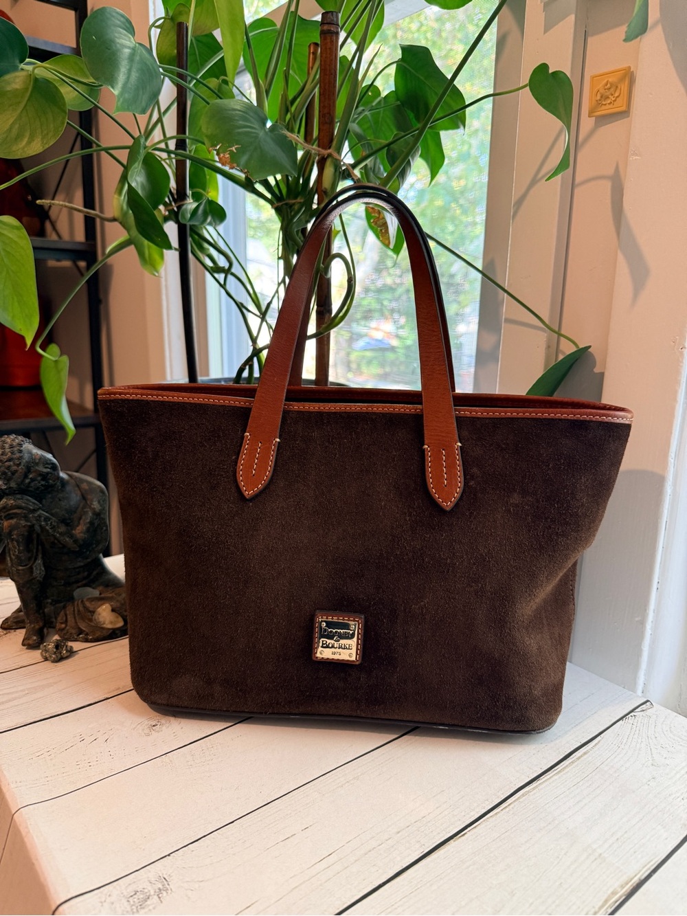 Dooney & Bourke Brown Suede Tote with Tan Leather Trim